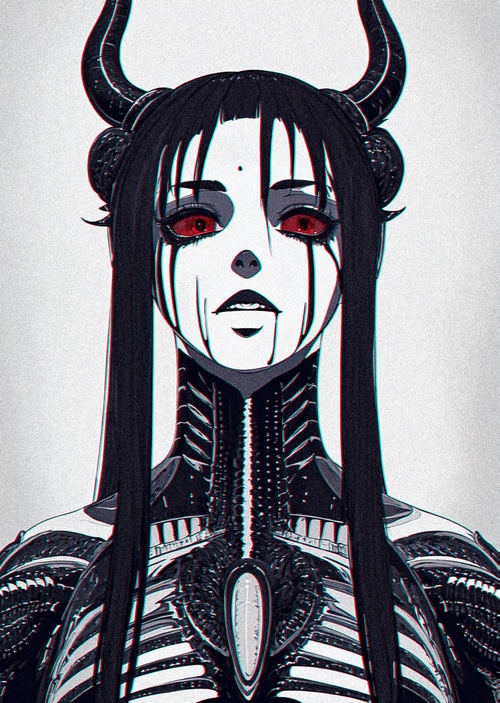 Monochrome drawing of a demon with horns and red eyes