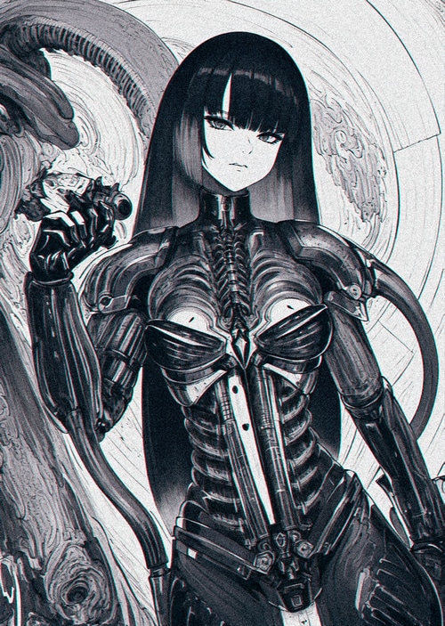 Monochrome drawing of a cyborg woman with long black hair