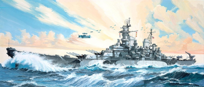 Battleship sailing through rough seas with aircraft overhead