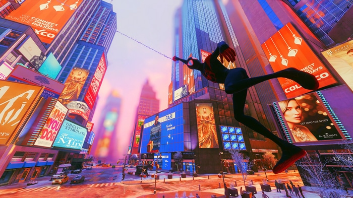 Spider-Man Miles Morales swinging through Times Square