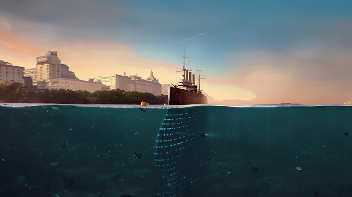Ship docked near city buildings at sunset