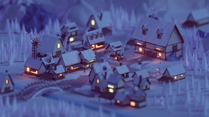 Low poly winter village with snow and lights