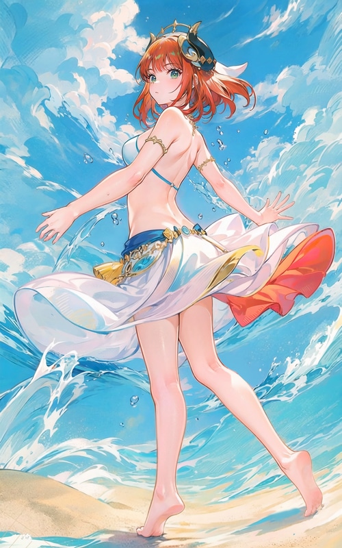 Nilou from Genshin Impact on a beach with waves