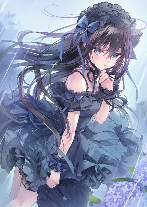 Girl in a dark dress in the rain with flowers