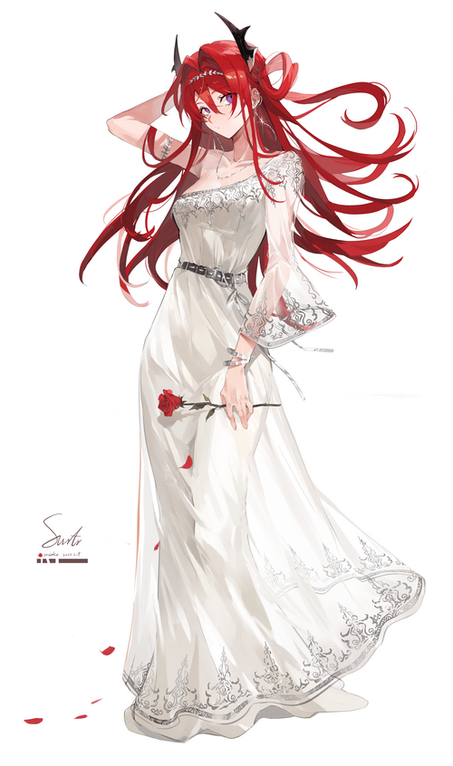 Surtr from Arknights in a white dress holding a rose