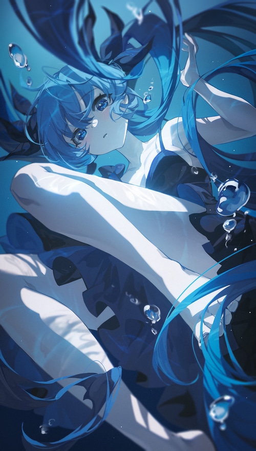 Hatsune Miku underwater with blue hair and bubbles