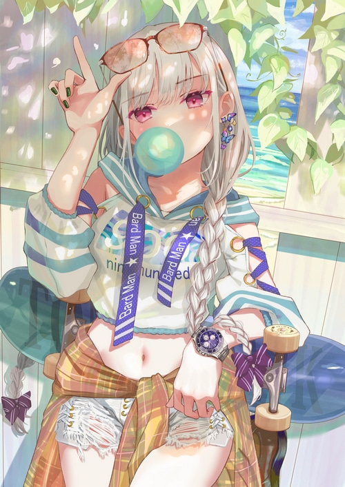 Anime girl with braids blowing bubble gum