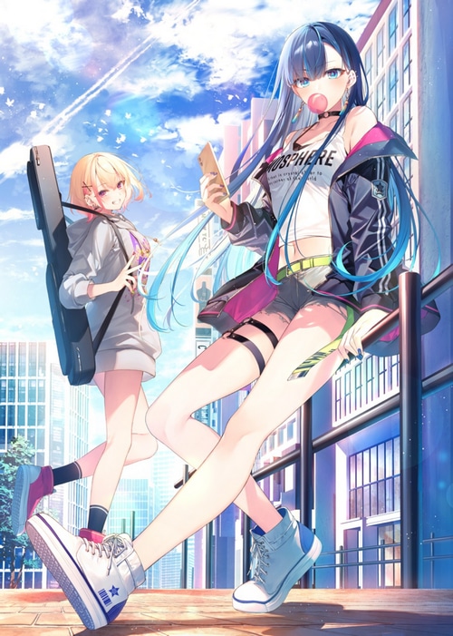 Two anime girls with a guitar case and phone
