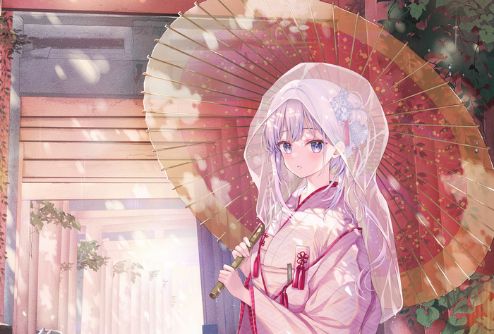 Girl in Kimono Holding Umbrella with Sunlight