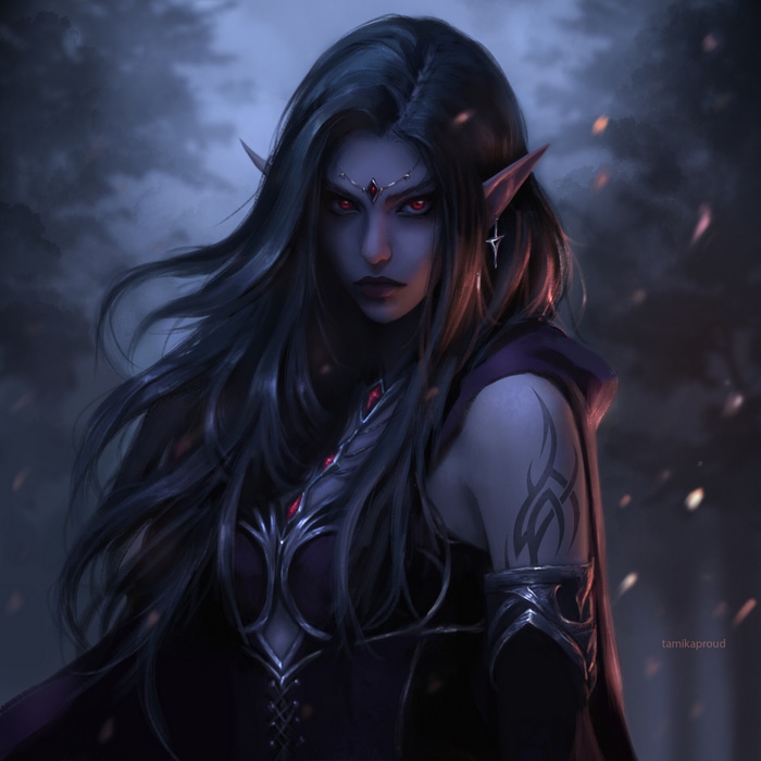 Dark elf woman with red eyes and pointy ears