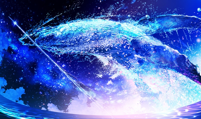 Flying whales in a starry sky with water splashes