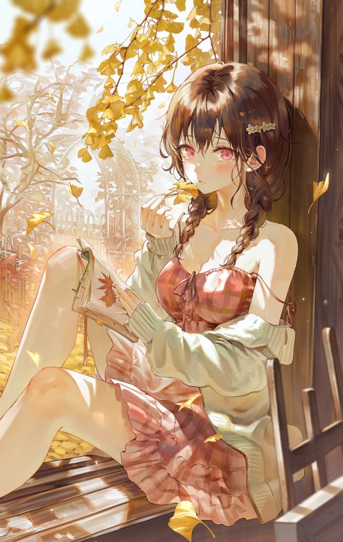 Girl with braids reading a book outdoors