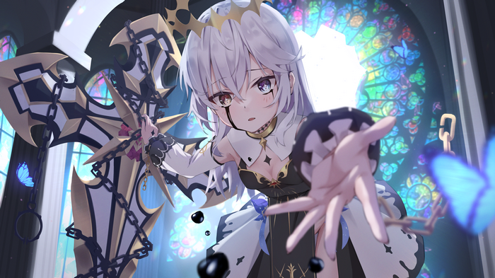 Girl with weapon and butterflies in stained glass church
