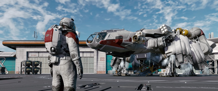 Starfield astronaut and spaceship on landing pad