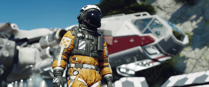 Starfield astronaut in orange spacesuit with spaceship