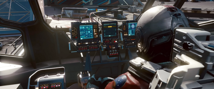 Starfield pilot in a cockpit with multiple screens