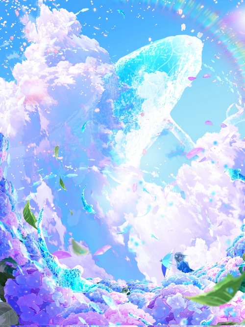 Whale in the clouds with flowers and a girl