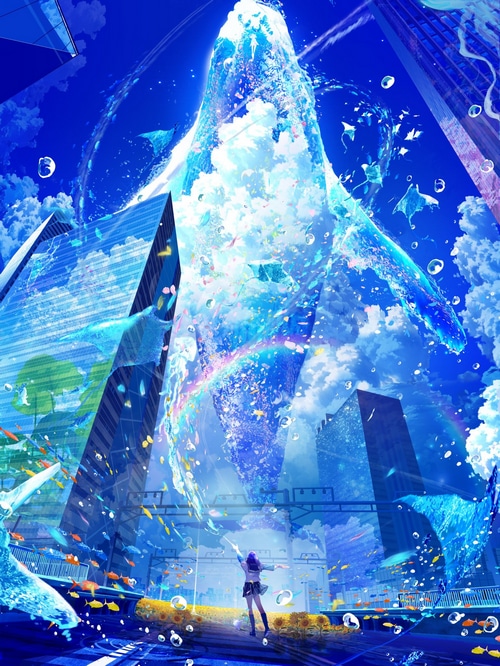Girl in School Uniform with Flying Whales and Cityscape