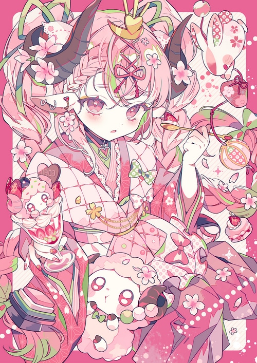 Girl in Kimono with Horns and Sweets