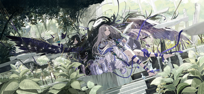 Two girls with wings in a garden with butterflies