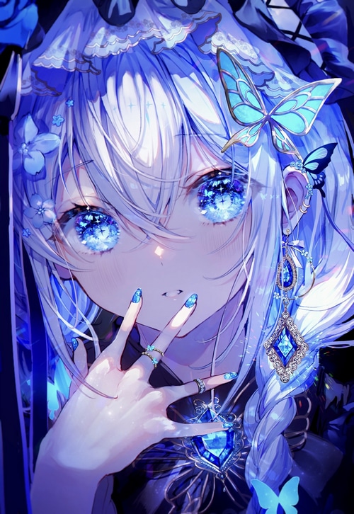 Anime girl with blue star eyes and butterfly accessories