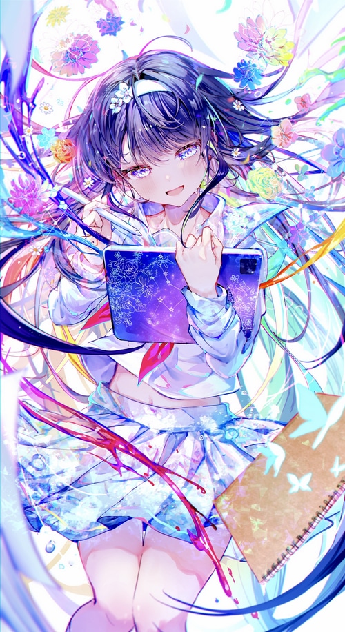 Girl with flowers and tablet