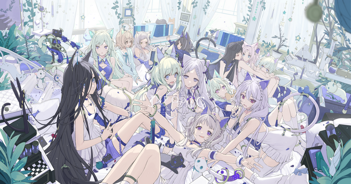 Cat girls in a room with plants and computers