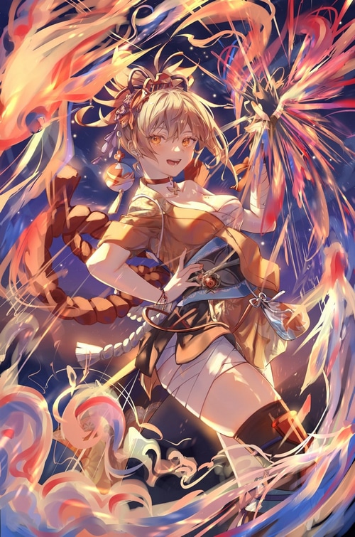 Yoimiya from Genshin Impact with fireworks