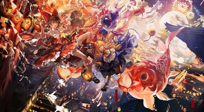 Touhou characters with koi and fireworks