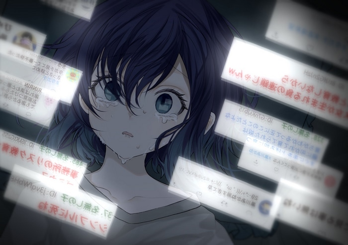 Kurokawa Akane from Oshi no Ko crying surrounded by social media posts