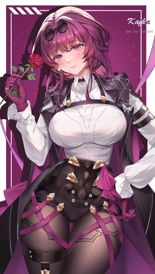 Kafka from Honkai: Star Rail holding a rose