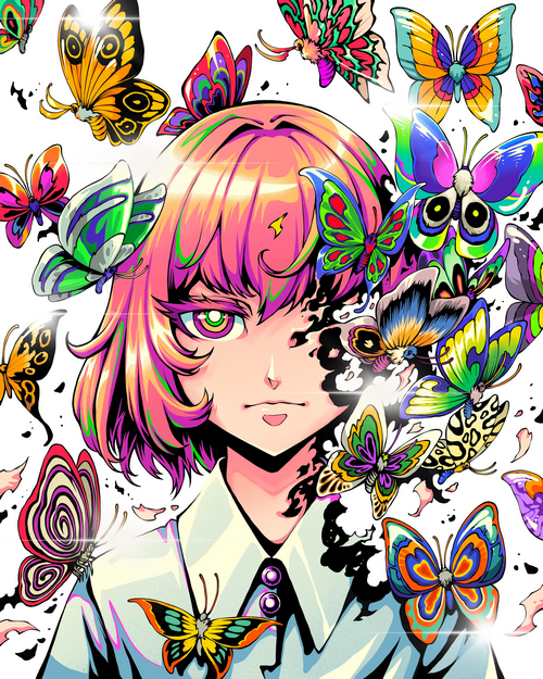 Woman with pink hair surrounded by colorful butterflies