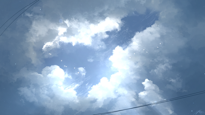 Digital art of birds flying through clouds with sunlight