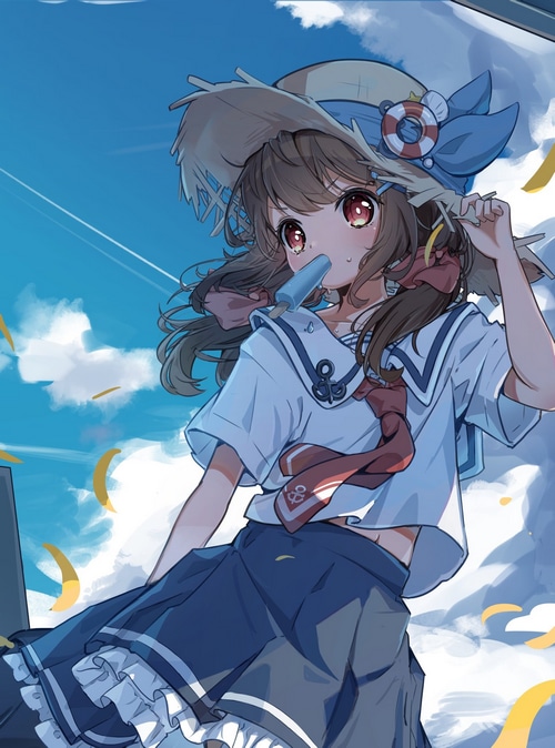 Girl in Sailor Uniform Eating Popsicle Under Straw Hat