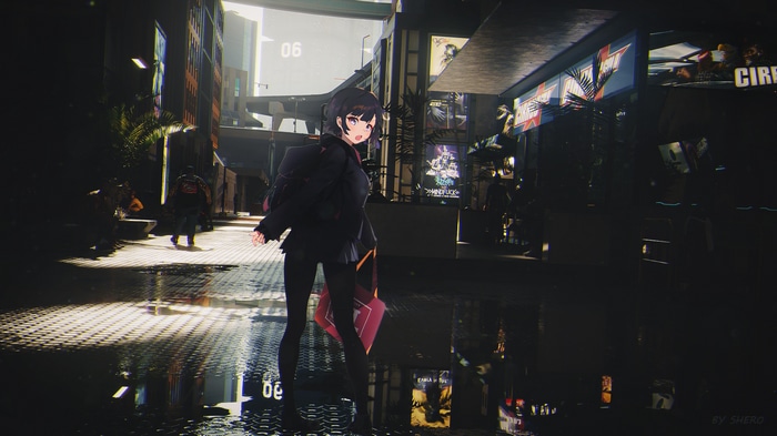Girl with backpack in a cyberpunk city at night