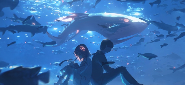 Anime characters underwater with whale and fish