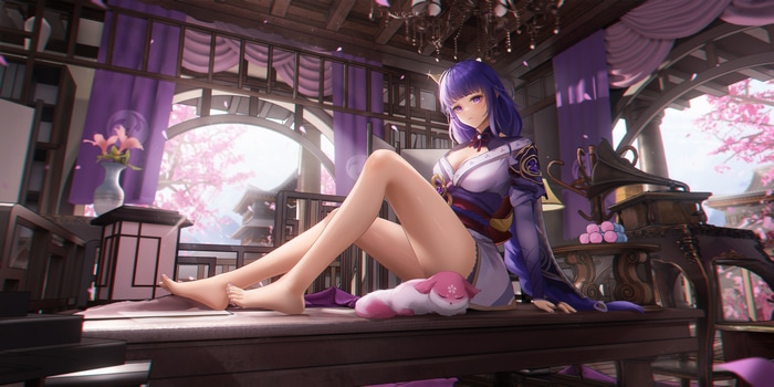 Raiden Shogun and Yae Miko in a room with cherry blossoms