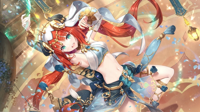 Nilou from Genshin Impact dancing with petals