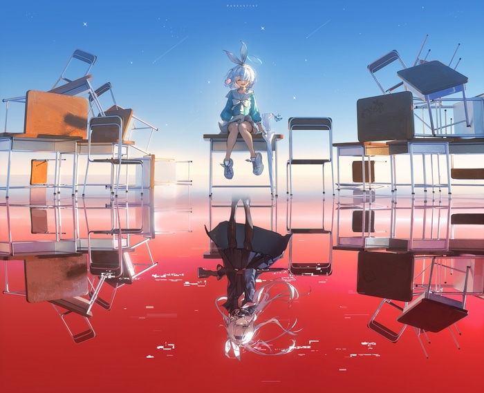 4K Schoolgirl Reflection with Desks and Stars