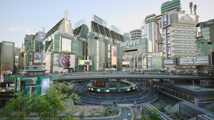 Cyberpunk 2077 cityscape with futuristic buildings and roads