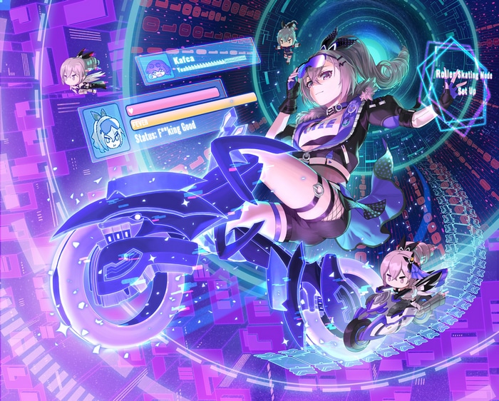 Silver Wolf and Bronya Zaychik on a futuristic motorcycle