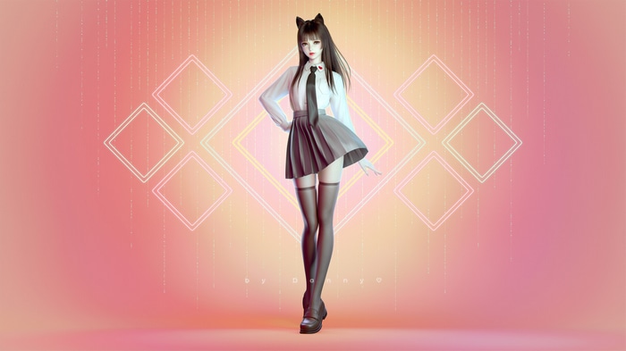 Cat girl in school uniform with tie and skirt