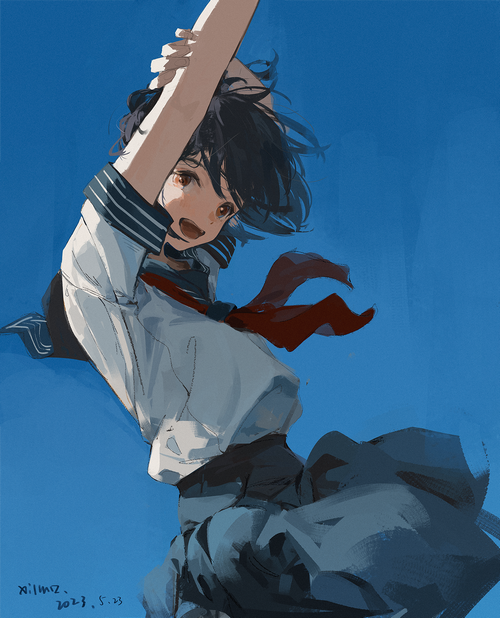 Schoolgirl in uniform with red scarf against blue background