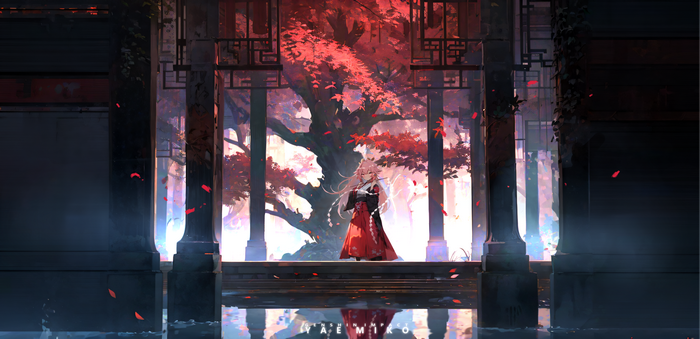 Yae Miko in a red kimono under red leaves