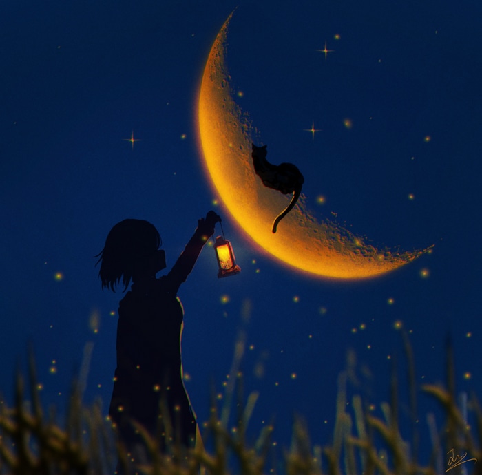 Girl with lantern and cat on crescent moon