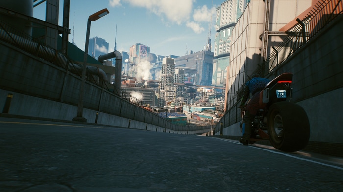 Cyberpunk 2077 motorbike in a futuristic city