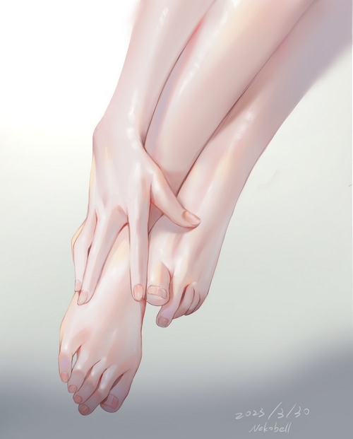 Nekobell's illustration of hands touching feet