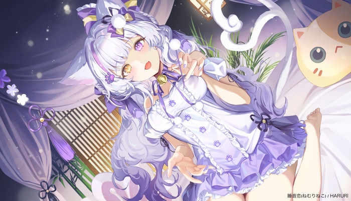 Cat girl in a white and purple outfit with cat ears