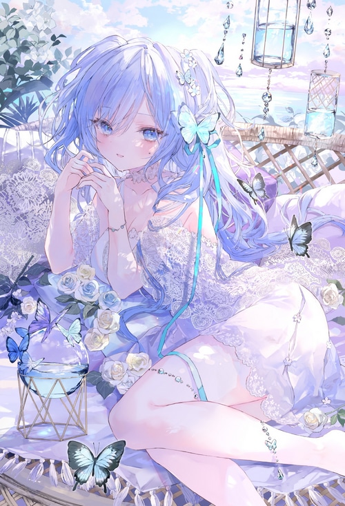 Girl with blue hair and butterflies