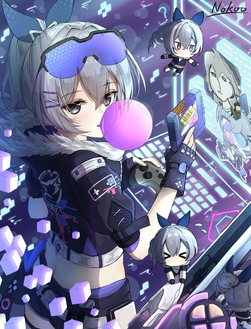 Silver Wolf blowing bubble gum with chibi figures